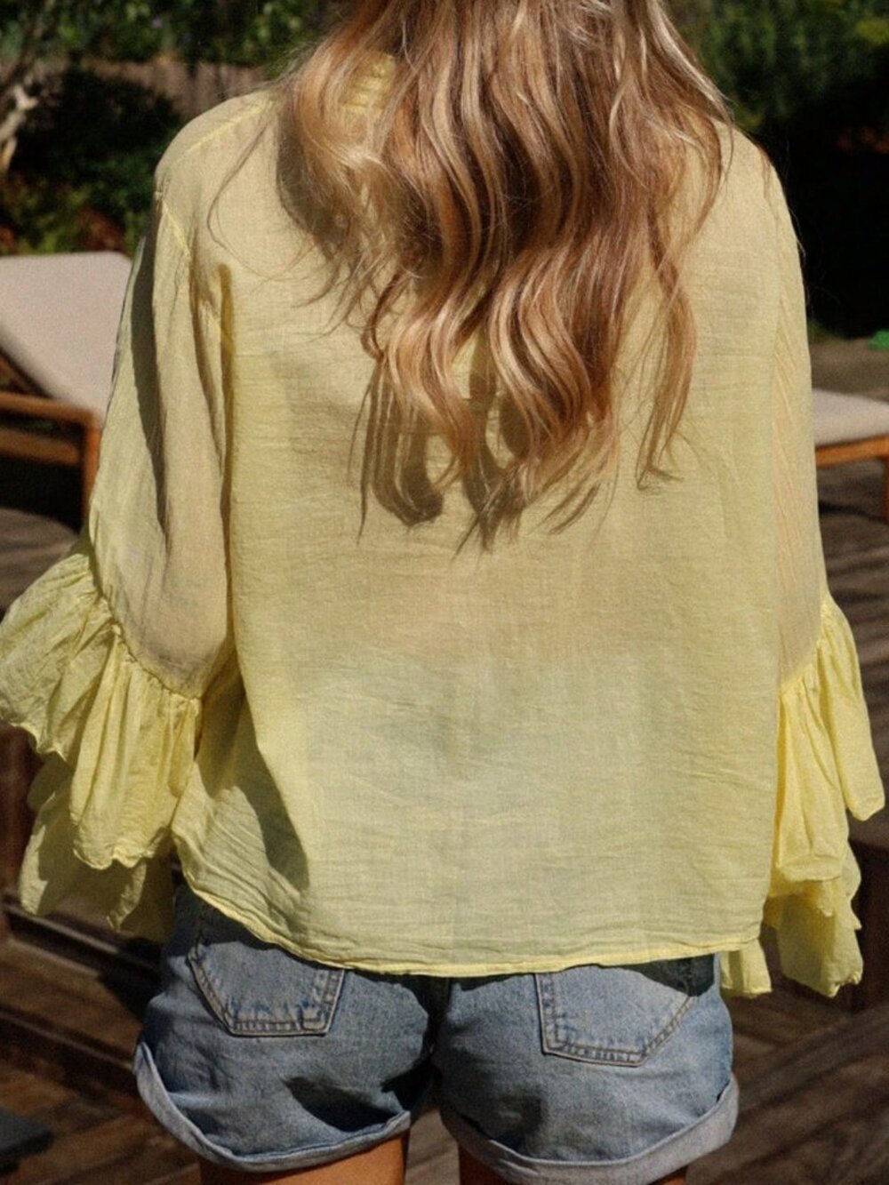 Yellow Boho Women's Long Sleeve Ruffled Button-Down Collared Blouse - Picture 2 of 5